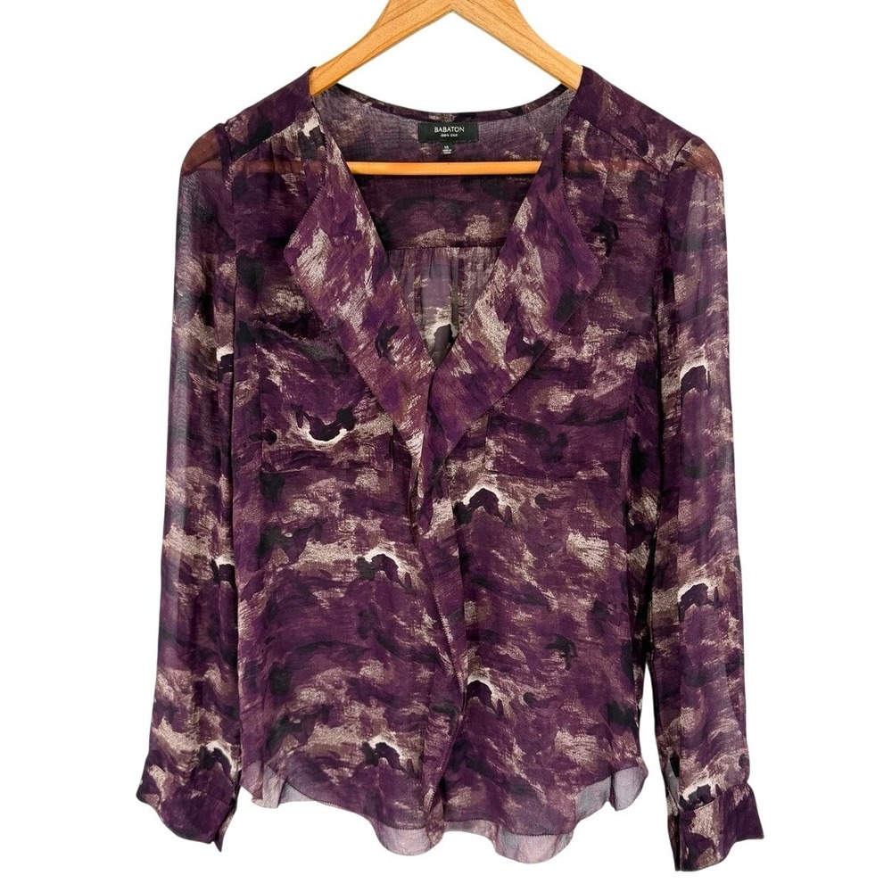Aritzia Babaton Womens XS Blouse 100% Silk Purple Long Sleeve Sheer Chiffon Top